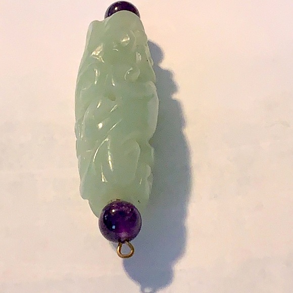 Large Craved Green Jade  Amethyst Pendant - Picture 3 of 4